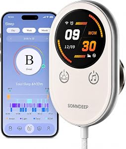 SOMNDEEP Contactless Smart Sleep Tracker, Bedside Sleep Monitor Wellness Device for Sleep Quality, Heart Rate, Breathing Pattern & Nighttime Movement Trends, Non-Wearable Radar Sleep Tracker for Adult